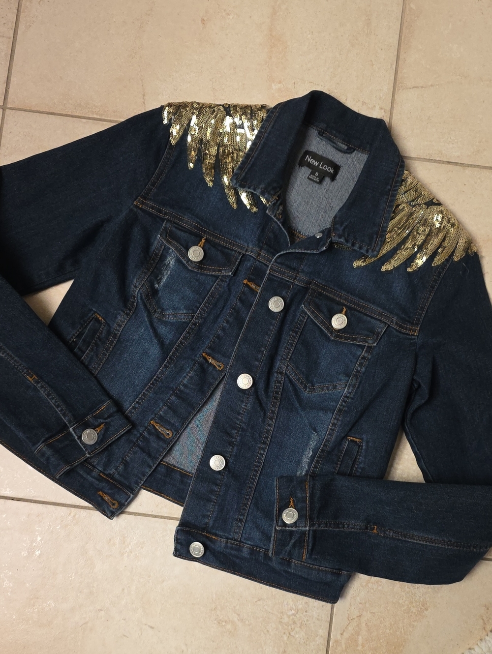 New Look Dark Blue Denim Jacket with Gold Sequin Shoulders